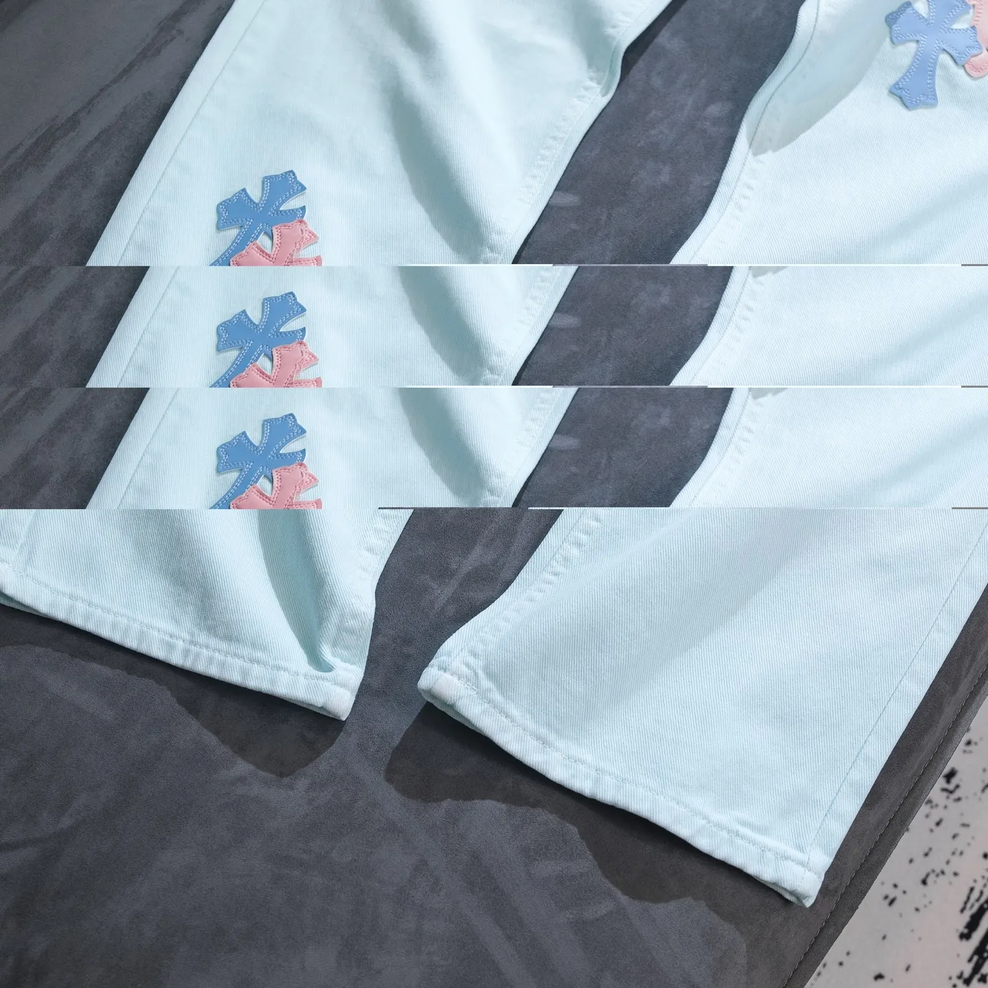 P260 Chrome Hearts light blue blue trousers, pink and blue patchwork leather couple's best friend jeans. CH jeans need to be washed and then disassembled and hand-stitched with sheepskin cross leather and then spliced ​​together. The whole piece has too many craftsmanship to explain. The patches are decorated with cross flowers, and the high-waisted washed jeans! ! Absolutely high-end luxury products, god-level single products and super popular products, made with top heavy industry, a must-see magic weapon. Customized hardware. The fabric is thick and soft after washing. It has good breathability. Customized small leather label. Unique design. The details are simple and elegant, and the workmanship is exquisite. The entire trousers are neatly routed and the details are in place! It’s so cool that both men and women can easily control the genderless trend! Color: Picture color Size: 28 30 32 34 36